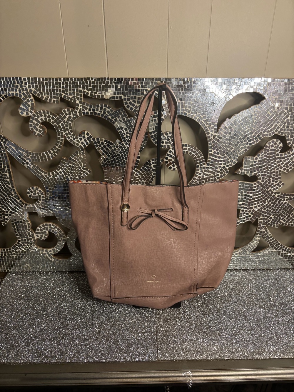 🩷Nanette Lepore Blush Taupe Pebbled Leather Tote with Front Bow